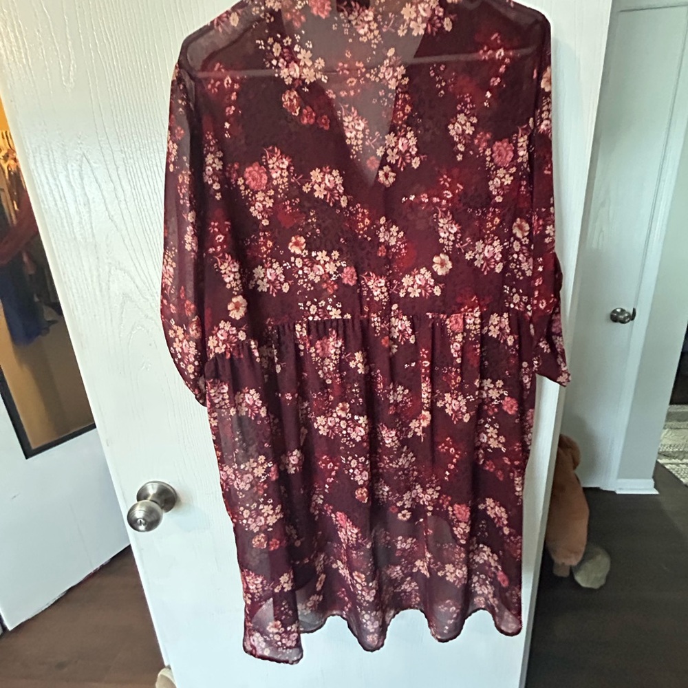 Burgundy Floral Sheer Babydoll Tunic